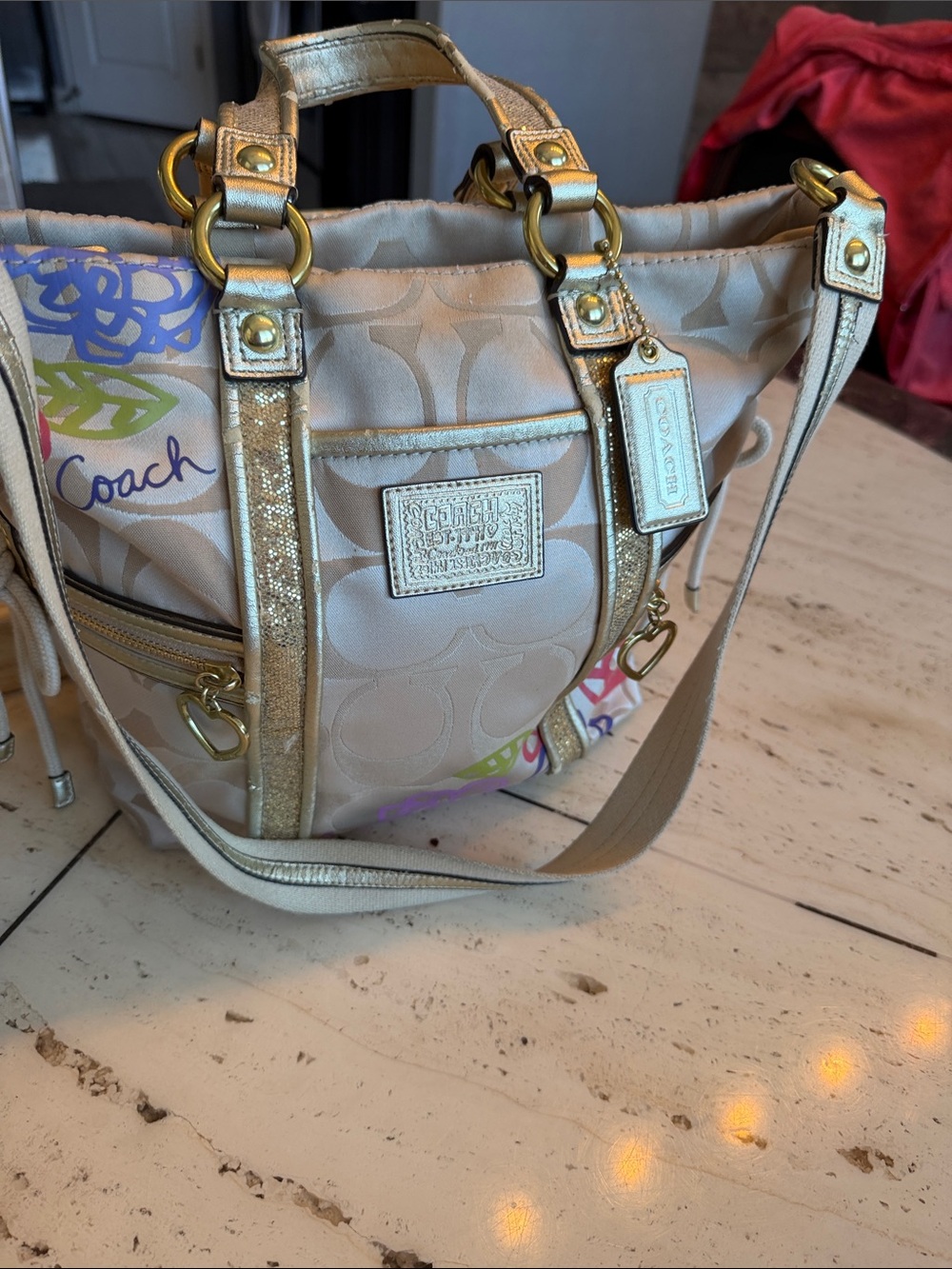 2012 Coach Poppy Daisy Beige Shoulder Bag with Bright Pink Interior